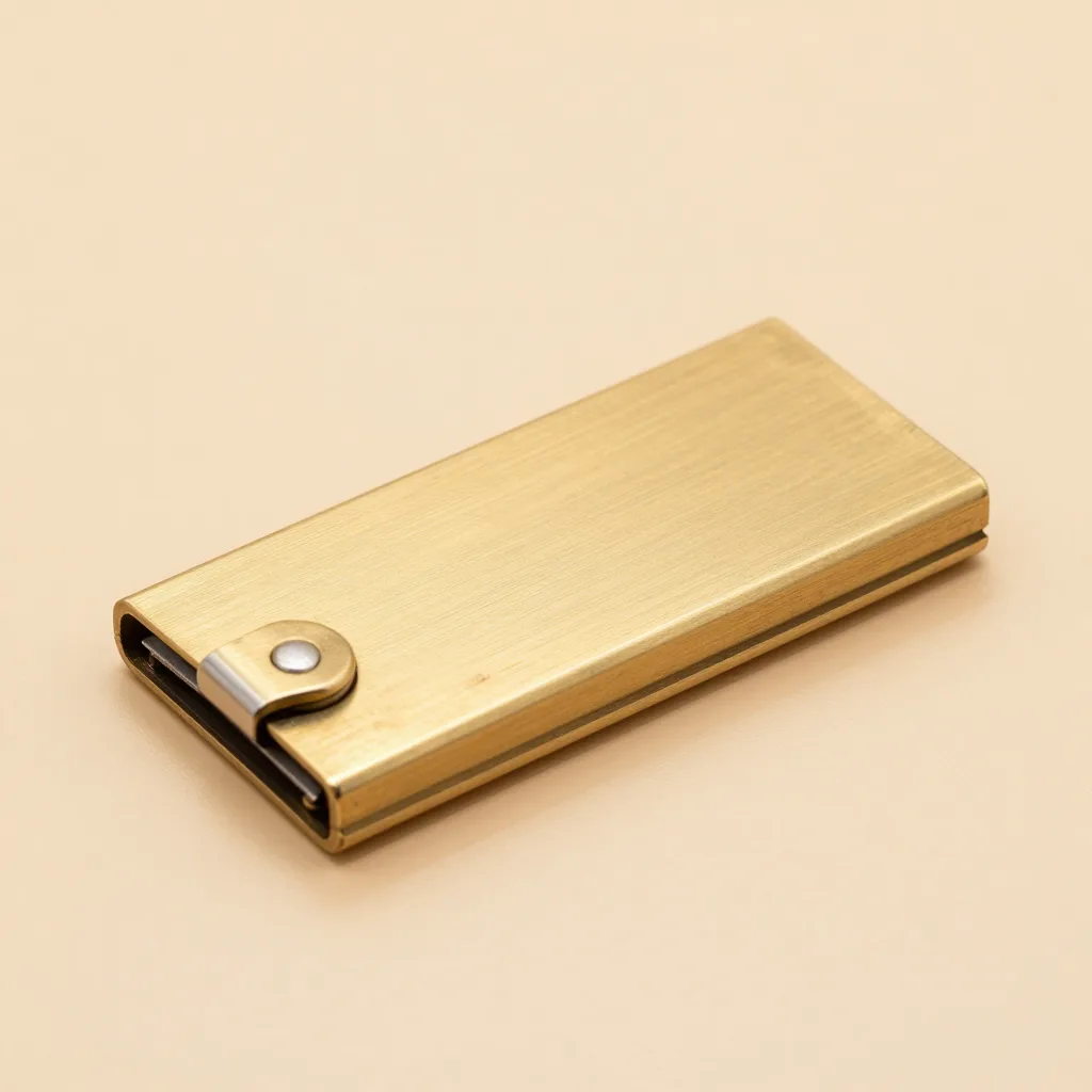 A slim brass wallet key organiser on a light background