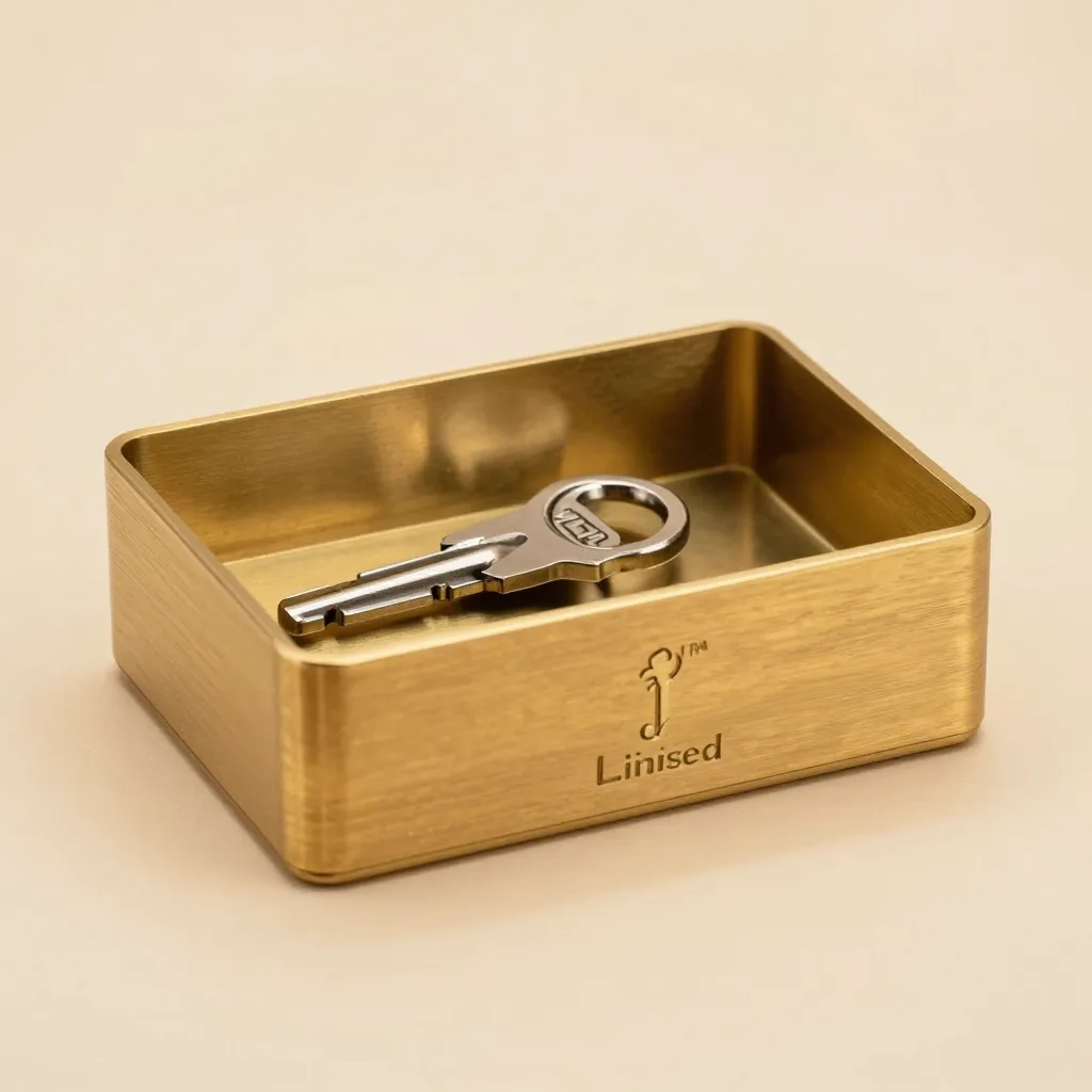 A brushed brass limited edition key organiser on a light background
